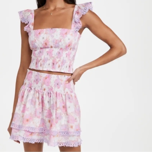 NEW Peixoto Mariel Cropped Top Pink Purple Jasmine Floral Smocked Ruffle Med - Picture 11 of 12